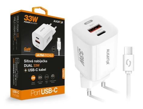 Aligator Rychlá nabíječka GaN / PD 33W / USB-C/USB-C kabel / bílá