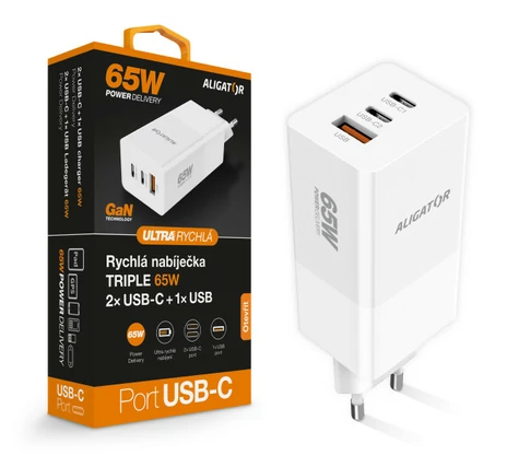 Aligator Rychlá nabíječka GaN / PD 65W / 2xUSB-C / 1xUSB-A / bílá