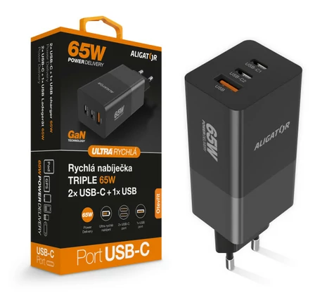 Aligator Rychlá nabíječka GaN / PD 65W / 2xUSB-C / 1xUSB-A / černá
