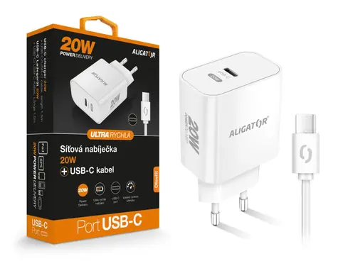 Aligator Rychlá nabíječka PD 20W USB-C / USB-C/USB-C kabel / bílá