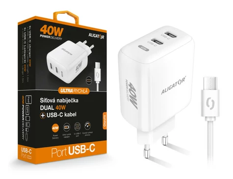 Aligator Rychlá nabíječka ALIGATOR / PD 40W / 2xUSB-C / USB-C/USB-C kabel / bílá