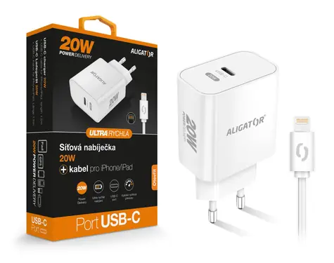 Aligator Rychlá nabíječka USB-C PD 20W s kabelem USB-C/Lightning (iPhone) / bílá