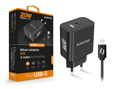 Aligator Rychlá nabíječka USB-C PD 20W s kabelem USB-C/Lightning(iPhone) / černá