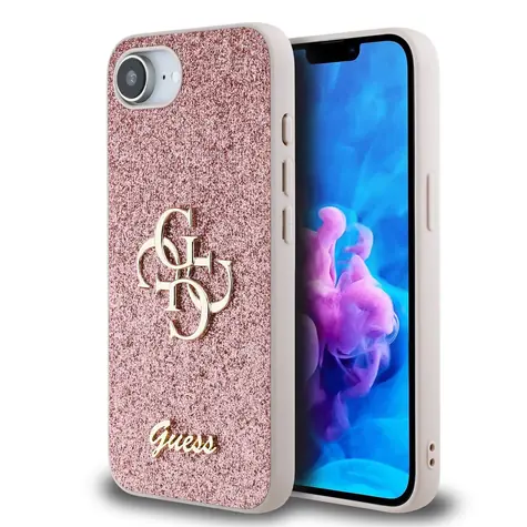 Guess PU Fixed Glitter 4G Metal Logo Zadní Kryt pro iPhone 16e růžová