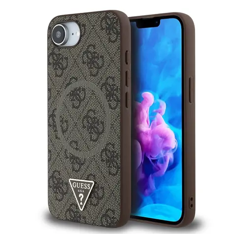 Guess PU 4G Strass Triangle Metal Logo Zadní Kryt pro iPhone 16e hnědá