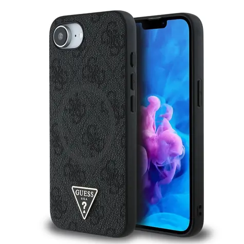 Guess PU 4G Strass Triangle Metal Logo Zadní Kryt pro iPhone 16e černá