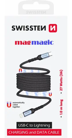 SWISSTEN Magnetický datový kabel USB-C - LIGHTNING 1m černá