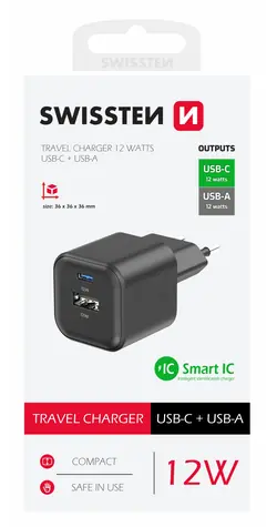 SWISSTEN Síťový adaptér 1x USB-C + 1x USB-A 12W černá
