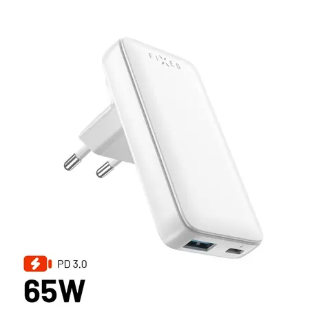 FIXED Síťová GaN nabíječka Slim Traveller s USB-C a USB výstupem s vyměnitelnými adaptéry 65W bílá