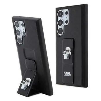 Rozbaleno - Karl Lagerfeld Saffiano Grip Stand Metal Logo Zadní Kryt pro Samsung Galaxy S24 Ultra Black / rozbaleno