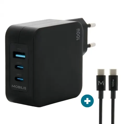 Mobilis Wall Charger 100W černá / 2x USB-C / 1x USB-A / nabíjecí kabel USB-C - USB-C