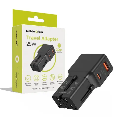 Mobile Origin Travel adapter 25W černá / Cestovní nabíječka / EU/US/UK/AU
