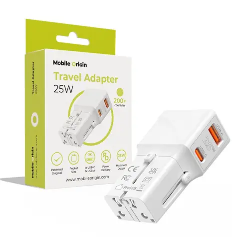 Mobile Origin Travel adapter 25W bílá / Cestovní nabíječka / EU/US/UK/AU