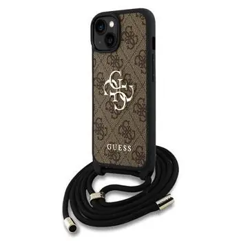 Guess PU 4G Metal Logo Crossbody Popruh Zadní Kryt pro iPhone 15 Brown