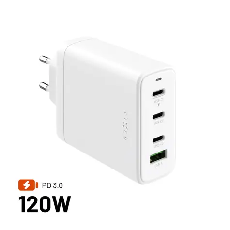 FIXED Síťová GaN nabíječka s 3xUSB-C a USB výstupem podpora PD 3.0 120W bílá