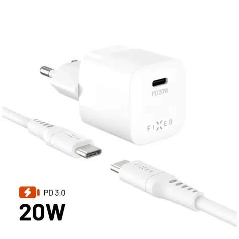 FIXED Set síťové nabíječky Mini s USB-C výstupem a USB-C/USB-C kabelu podpora PD 1.2 metr 20W bílý