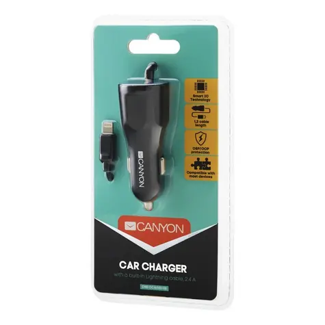 CANYON Univerzální autonabíječka s lighting kabelem / 1xUSB / 5V-2.4A / černá