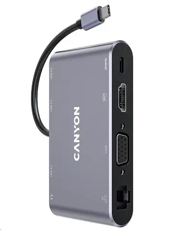 CANYON CNS-TDS14 replikátor portů / 1xUSB-C PD 100W / 1xHDMI (4K) / VGA / 3xUSB-A 3.0 / RJ45 / 3.5mm jack