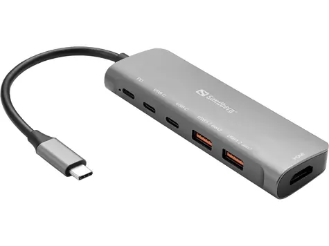 Sandberg USB-C dokovací stanice šedá / HDMI + 2x USB-A + 2 x USB-C + PD (100W)