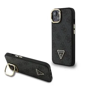 Guess PU 4G Strass Triangle Logo Stand Camera Frame MagSafe Zadní Kryt pro iPhone 15 Black