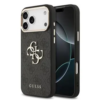 Guess PU Leather 4G Metal Logo Gold Frame Zadní Kryt pro iPhone 17 Pro Max Black