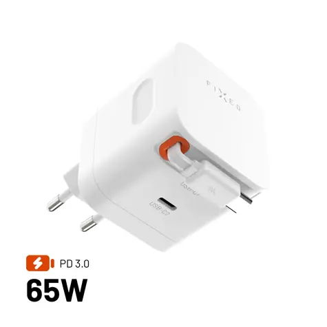 FIXED Síťová GaN nabíječka s 2xUSB-C podpora PD 3.0 se samonavíjecím kabelem 65W bílá