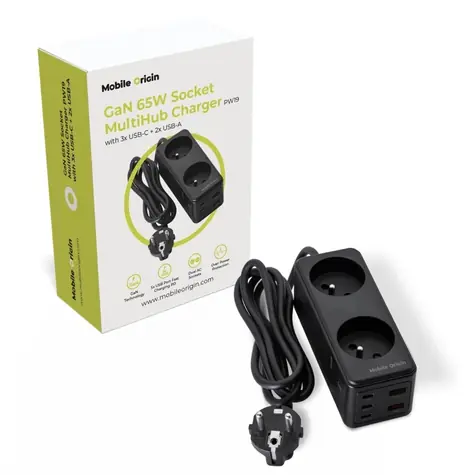 Mobile Origin GaN 65W Socket MultiHub Charger PW19 / Nabíječka / 3x USB-C + 2x USB-A