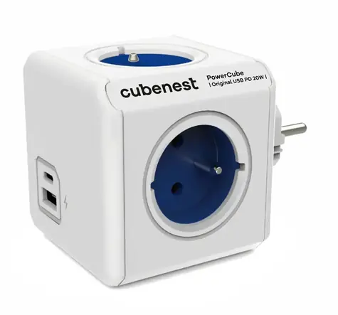Cubenest PowerCube Original USB PD 20W USB A+C - modrá / 4x230V + USB A+C / dětská pojistka / max 16A/250V~3680W