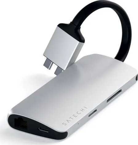 Satechi Dual USB-C stříbrná / dual adaptér / USB-C / 2x USB-A / 2x HDMI / microSD / SD / RJ45 / PD 60 W