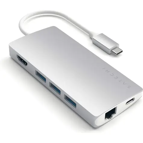 Satechi USB-C Multiport V2 Hub stříbrná / USB-C / 3x USB-A / HDMI / microSD / SD / RJ45 / PD