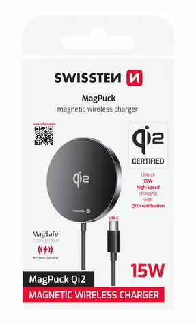 SWISSTEN MagPuck Qi2 1.5m černá / Bezdrátová nabíječka / Qi2 / MagSafe / 15W / USB-C