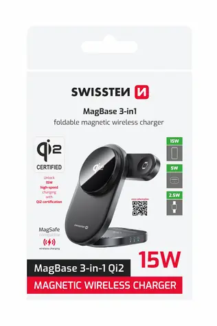 SWISSTEN MagBase 3v1 černá / Bezdrátová skládací nabíječka / Qi2 / MagSafe / 15W / USB-C