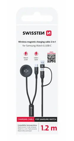 SWISSTEN Bezdrátový nabíjecí magnetický kabel 2v1 pro Samsung Galaxy Watch + USB-C 1.2m černá / 2.5W / USB-A/USB-C