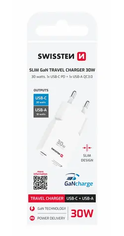 SWISSTEN Tenký nabíjecí adaptér GaN USB-C + USB-A 30W bílá
