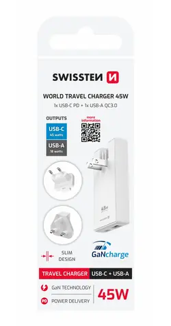 SWISSTEN Cestovní adaptér GaN USB-C + USB-A 45W (US/EU/UK) bílá