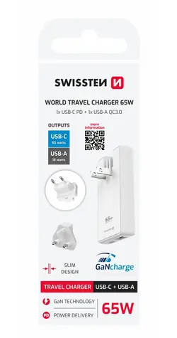 SWISSTEN Cestovní adaptér GaN USB-C + USB-A 65W (US/EU/UK) bílá