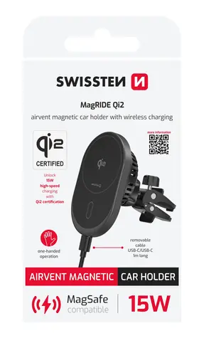SWISSTEN MagRIDE Qi2 Magnetický držák do ventilace auta s bezdrátovým nabíjením černá / 15W / MagSafe / USB-C