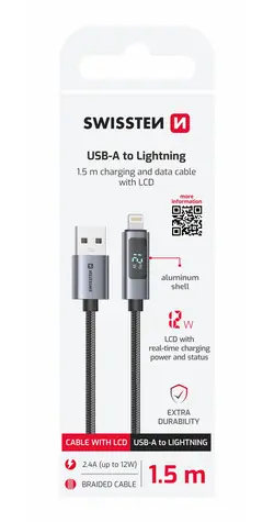 SWISSTEN Kabel USB-A na Lightning s LCD displejem 1.5m černá / 12W / USB-A (M) / Lightning