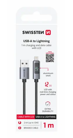 SWISSTEN Kabel USB-A na Lightning s LCD displejem 1m černá / 12W / USB-A (M) / Lightning