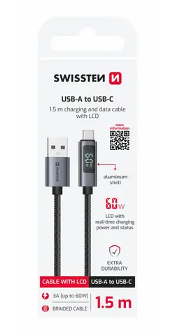 SWISSTEN Kabel USB-A na USB-C s LCD displejem 1.5m černá / 60W / USB-A (M) / USB-C (M)