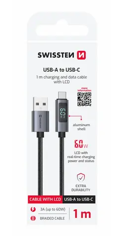 SWISSTEN Kabel USB-A na USB-C s LCD displejem 1m černá / 60W / USB-A (M) / USB-C (M)