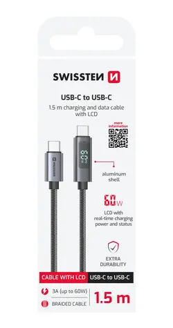SWISSTEN Kabel USB-C s LCD displejem 1.5m černá / 60W / 2x USB-C (M)