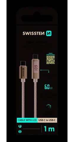 SWISSTEN Kabel USB-C s LCD displejem 1m černá / 60W / 2x USB-C (M)