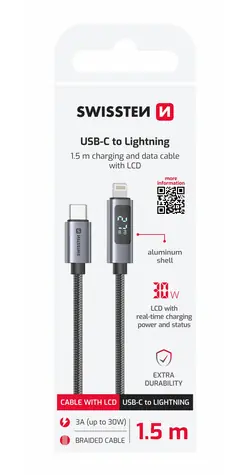 SWISSTEN Kabel USB-C na Lightning s LCD displejem 1.5m černá / 30W / Lightning (M) / USB-C (M)