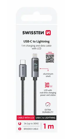 SWISSTEN Kabel USB-C na Lightning s LCD displejem 1m černá / 30W / Lightning (M) / USB-C (M)