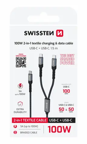 SWISSTEN Nabíjecí kabel 2v1 100W 1.5m černá / 100W / 3x USB-C (M)