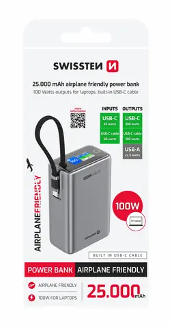 SWISSTEN 22013977 Cestovní powerbanka 25000 mAh s integrovaným USB-C kabelem 100W šedá