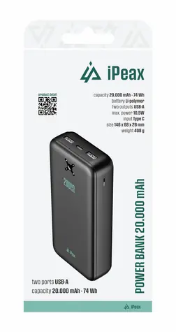 iPEAX Powerbanka 20000 mAh 10.5W černá / 2x USB-A