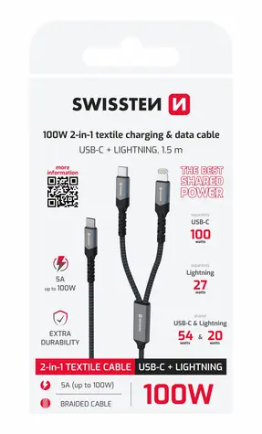 SWISSTEN Nabíjecí kabel 2v1 100W USB-C/USB-C + Lightning 1.5m černá