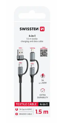 SWISSTEN Textilní datový kabel 4v1 60W USB-C/USB-A/Lightning 1.5m černá